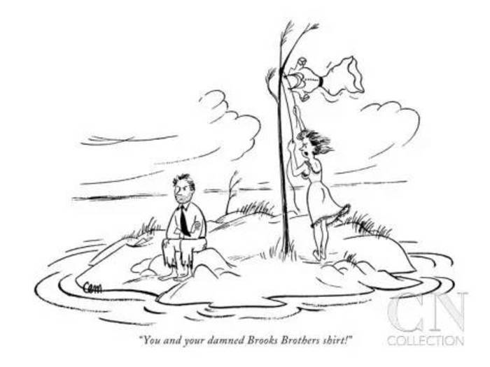 《纽约客》杂誌关於Brooks Brothers衬衫的漫画，男子即使受困荒岛也不愿脱下心爱的OCBD。