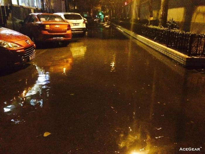 面对暴雨后泛着臭味的积水小河，无处下脚的我只能踩着花坛边缘通过。
