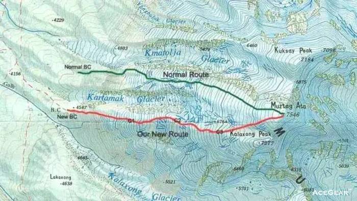 图中红色线路为南山脊新路线，绿色为传统路线。图片来源：everestnews.com